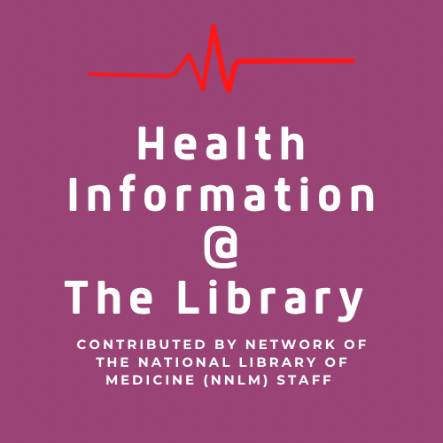 Health information at the library logo for column white lettering with a red line similar to a ekg indicator