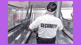 security guard descending an escalator