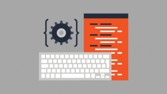 illustration of keyboard computer settings gear and code